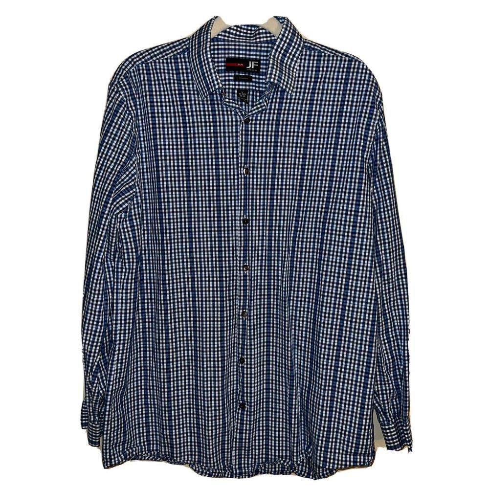 J Ferrar Mens Size Large Blue Checkered Stretch Slim Button Up Shirt Long Sleeve